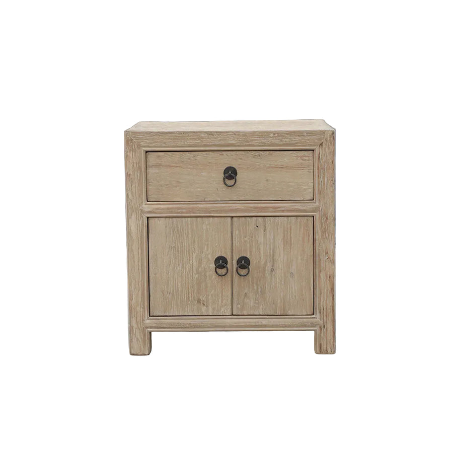 Mesita de noche madera de olmo - 1 cajón 2 puertas baja